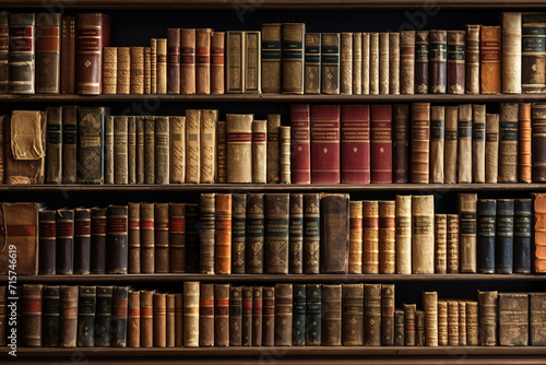 Large collection of old books on wooden shelves photo