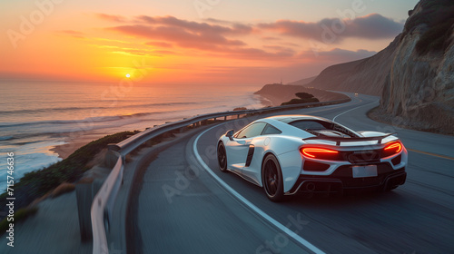 A sleek sports car with a powerful V6 engine, speeding down a coastal highway at sunset.