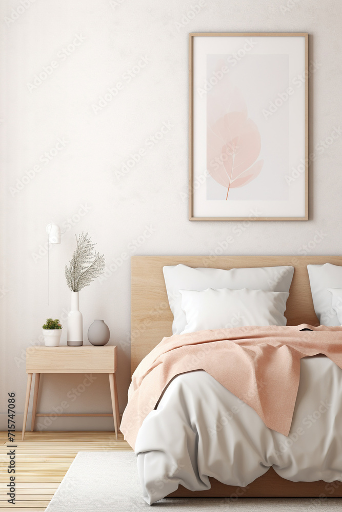 Mock-up poster frame in bedroom, Scandinavian style Mock-up poster frame in bedroom, Scandinavian style