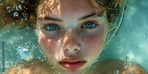 underwater portrait of a young woman in a pool on summer vacation