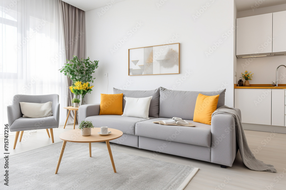 Fototapeta premium Modern apartment with comfortable sofa and decor