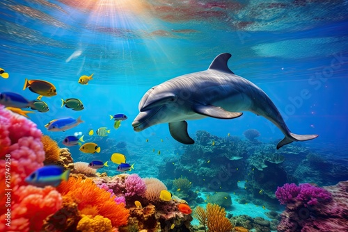 A dolphin in the ocean with fish. © BetterPhoto