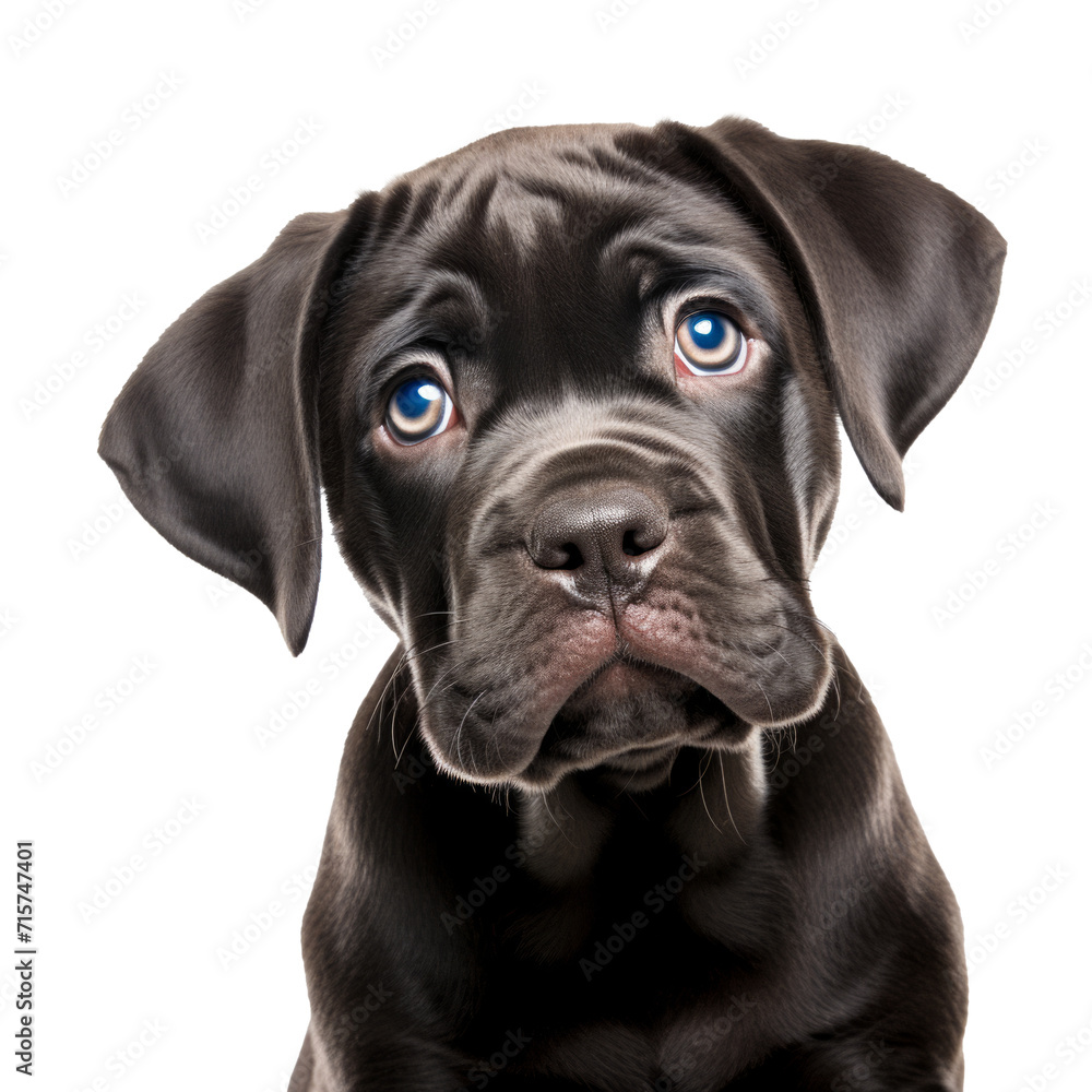 Black corso puppy looking. Isolated on transparent background.