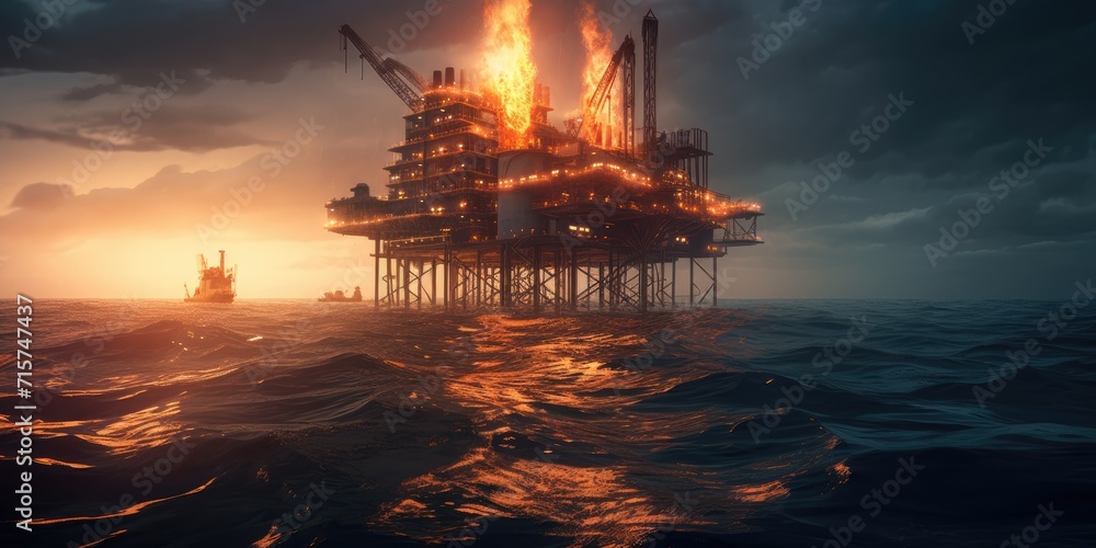Oil rig fire. Petroleum production. Offshore oil and gas fire case or emergency case. Generative AI. Fire flame from oil pipeline leak and explosion on oil rig and natural gas station. - obrazy, fototapety, plakaty 