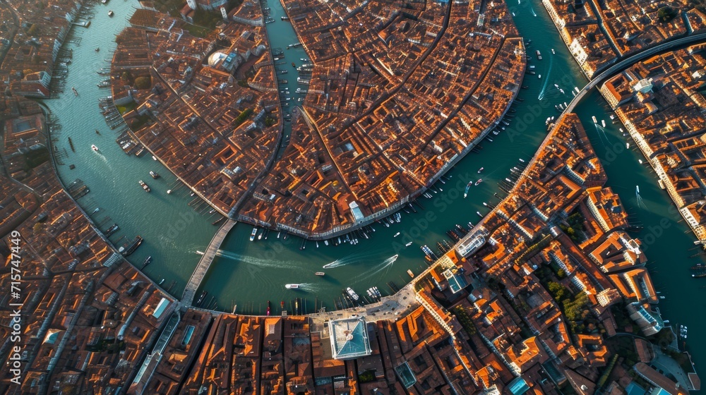 Drone view of City of Venice landscape panorama as heavily drought, dry channels from top view 