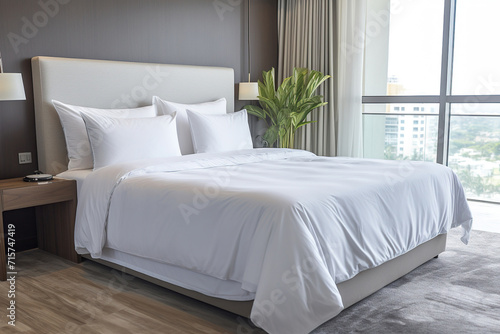 Modern luxury hotel room with comfortable bedding