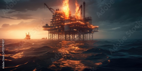 Oil rig fire. Petroleum production. Offshore oil and gas fire case or emergency case. Generative AI. Fire flame from oil pipeline leak and explosion on oil rig and natural gas station. photo