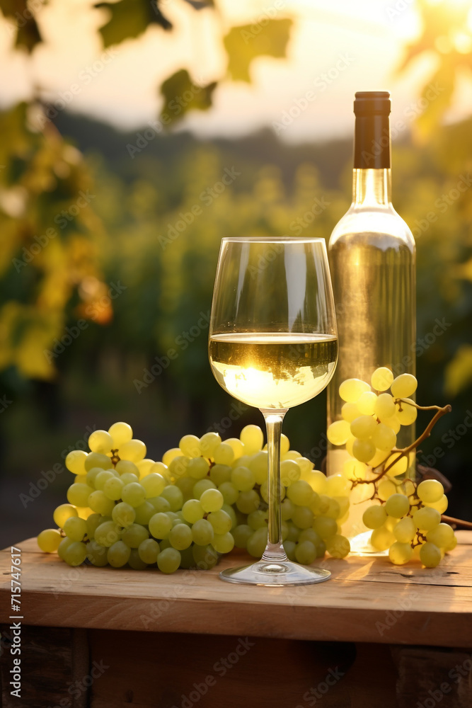 Fototapeta premium Glass of white wine, ripe grapes and bottle on table in vineyard