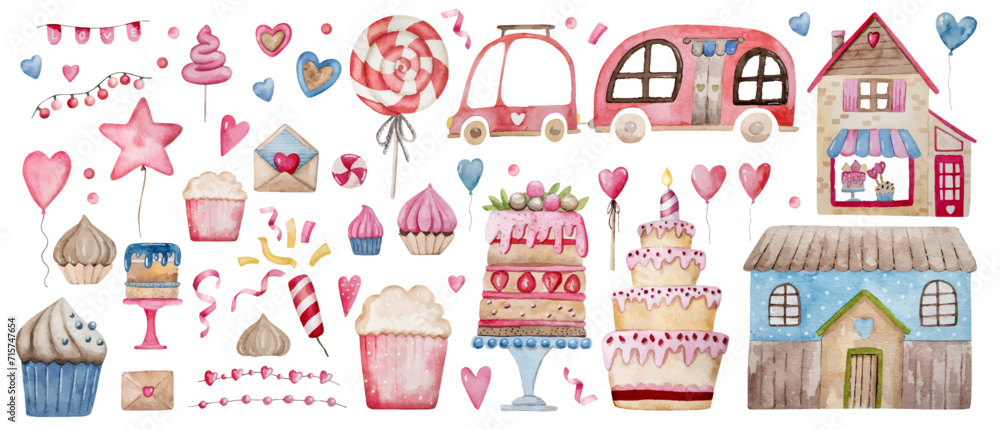Valentine'S Day Vector Clipart Set Includes Gifts, Hearts, Sweets, Etc., Hand-Drawn In Eps, 10 Watercolor Illustration