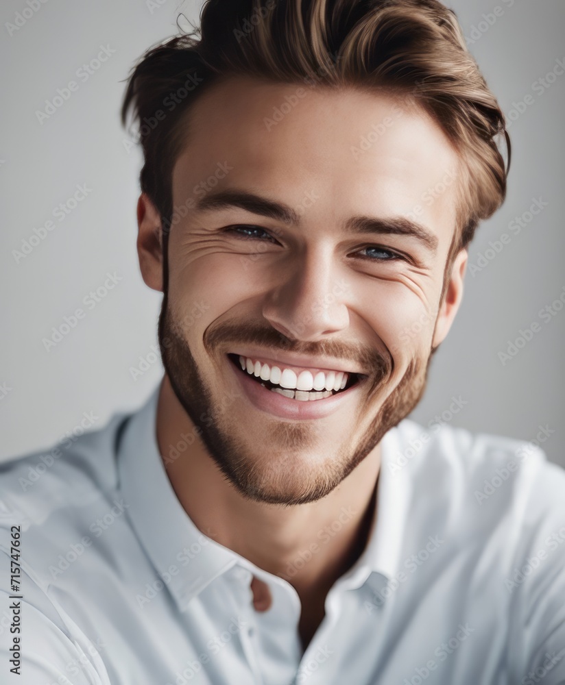 Obraz premium handsome young white american man model with perfect clean teeth laughing and smiling. isolated on white background