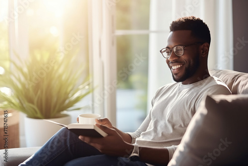 Pensive relaxed African American man reading a book at home, drinking coffee sitting on the couch. Copy space