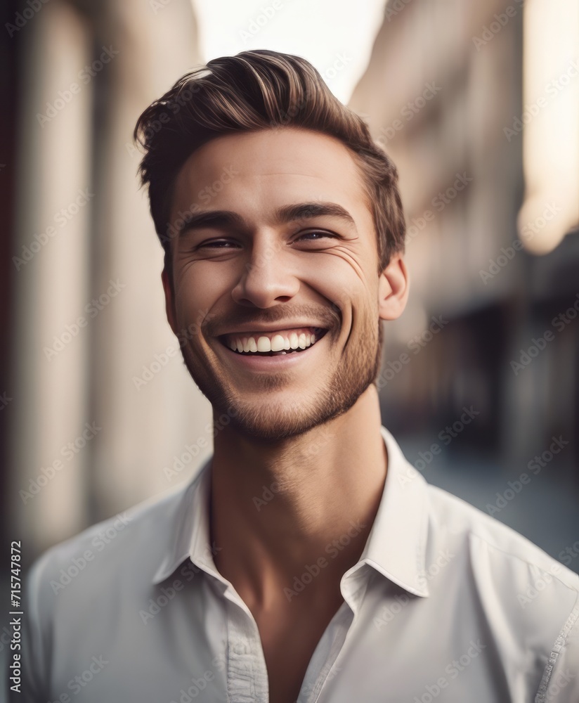 Obraz premium handsome young white american man model with perfect clean teeth laughing and smiling. isolated on white background