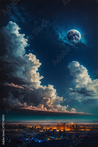 Painting of Night Sky With Clouds and Full Moon. Generative AI.