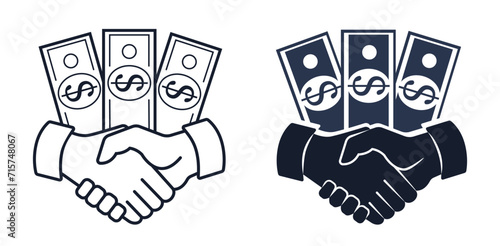 Icon, logo, emblem handshake and money, dollars. The concept of concluding a deal, agreement, contract, purchase, successful negotiations. Linear isolated black and white drawing. Vector illustration.