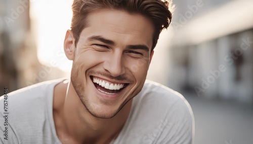 handsome young white american man model with perfect clean teeth laughing and smiling. isolated on white background