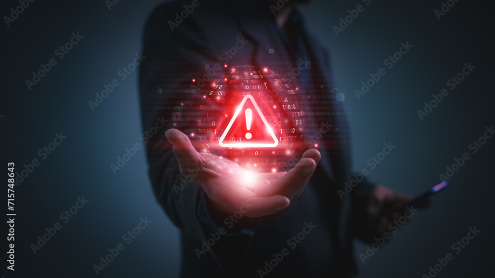 Warning alert icon with a hacked system. malicious software, virus, spyware, malware, or cyberattacks on computer networks. Security on the internet and online scam. Digital data is being compromised. - obrazy, fototapety, plakaty 