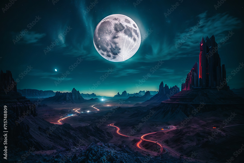 Moonlit Night, A Full Moon Illuminating the Dark Sky. Generative AI. Moonlit Night, A Full Moon Illuminating the Dark Sky. Generative AI.