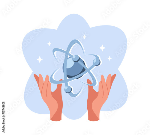 Two hands holding physical particle of an atom. Nuclear and electron. Chemistry or physics research. Movement on orbit. Education symbol. Cartoon flat vector atomic technology concept
