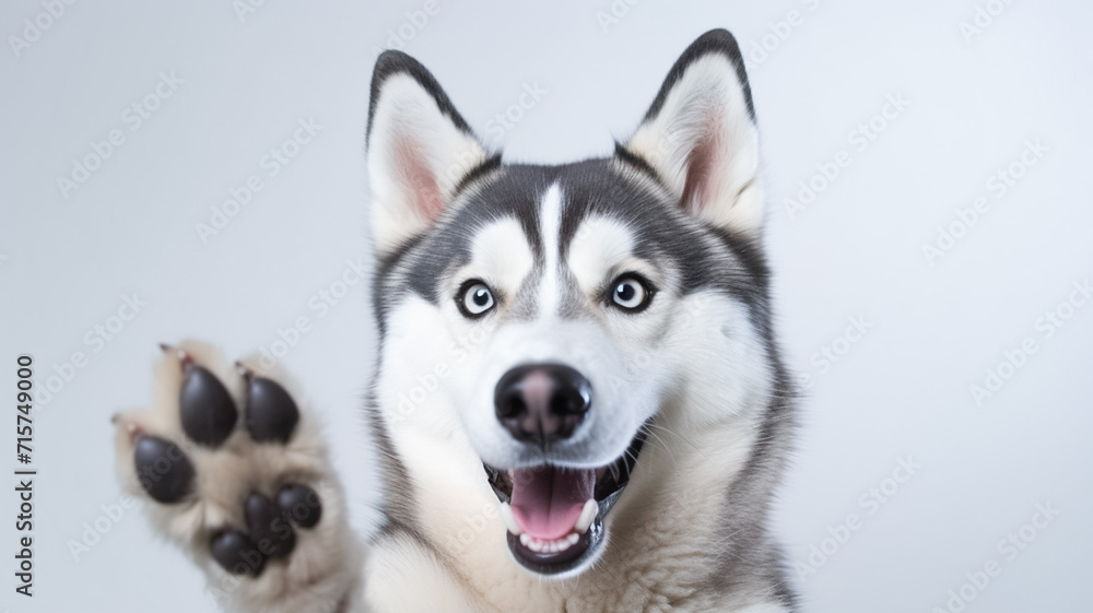 Happy cute Husky Dog smiling and giving a high five isolated on white background.
Happy cute Husky Dog smiling and giving a high five isolated on white background.