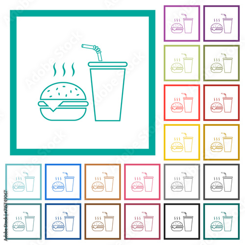 Fast food menu with cheeseburger and drink outline flat color icons with quadrant frames