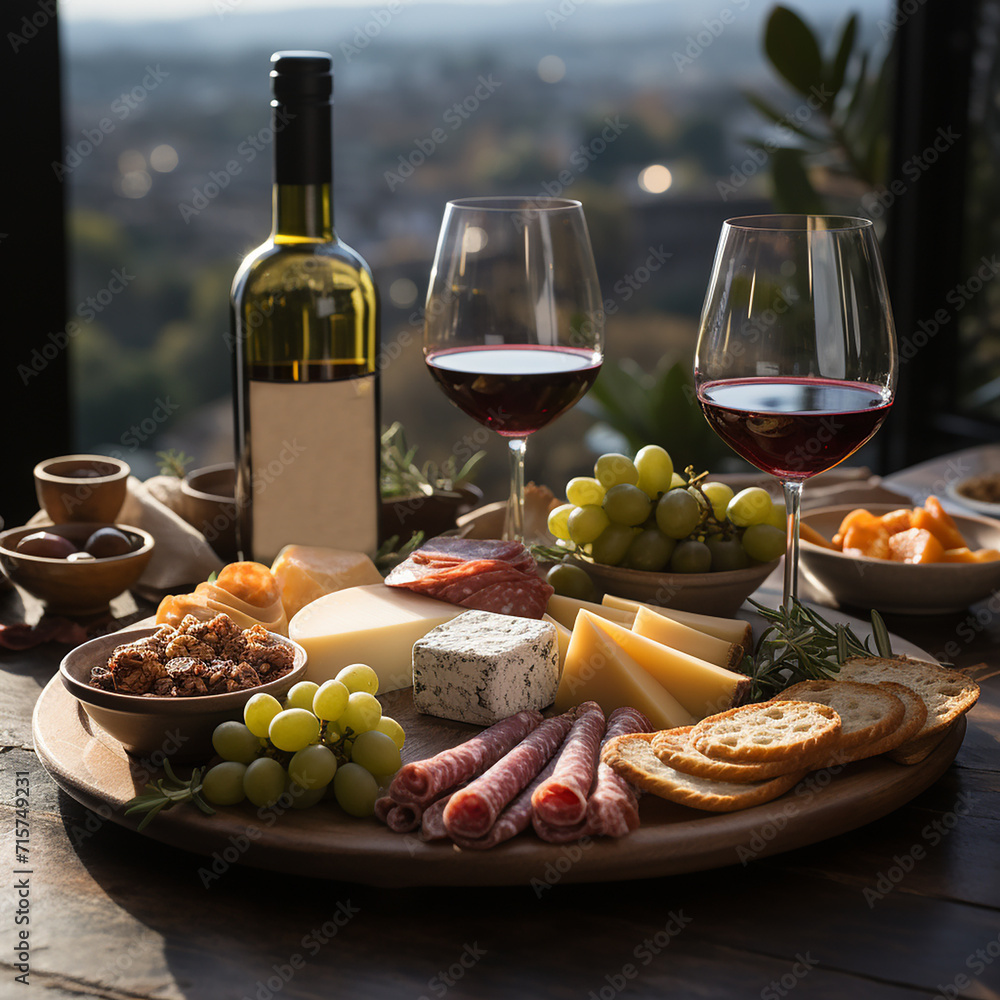 Cheese and charcuterie meat board plates displayed with a bottle and glasses of red wine in front of a winery