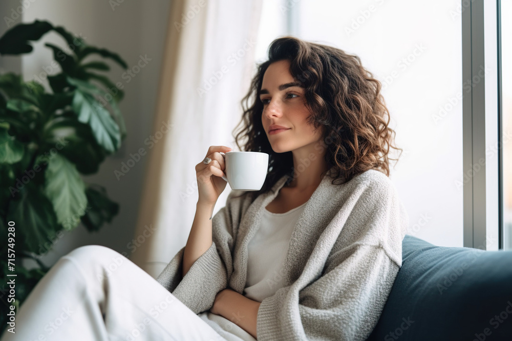 Woman drinking coffee sitting on sofa at home Woman drinking coffee sitting on sofa at home