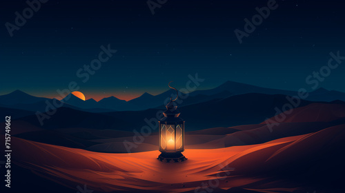 The light of Ramadan. Illustration of lanterns in the desert shining at night during Ramadan.	