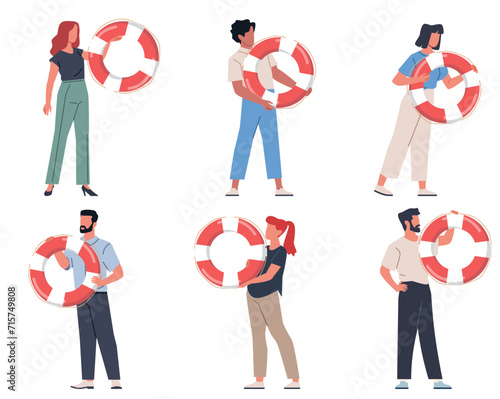 Set of men and women with life preservers in their hands. Help and safety symbol. Lifebuoy in people hand. Support in crisis situations. Vector cartoon flat isolated illustration
