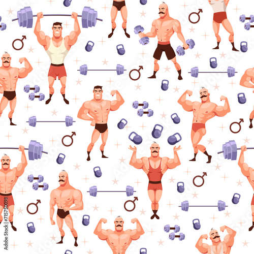 Seamless pattern with wrestlers. Cartoon bodybuilder characters. Funny men with with dumbbells, decor textile, wrapping paper, wallpaper design. Fitness print for fabric. Vector concept