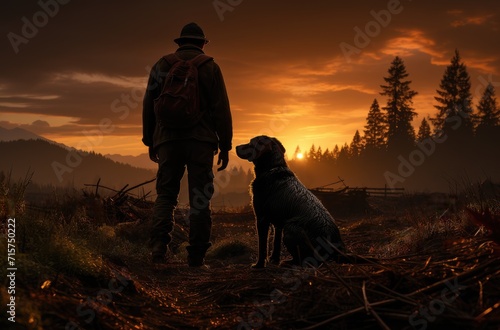 As the sun sinks below the mountains, a man and his loyal dog stand in awe of the stunning sunset, surrounded by the vast expanse of nature and dressed in rugged outdoor gear, their bond strengthened