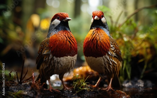 Two magnificent phasianids with vibrant red feathers stand tall on the grassy ground, showcasing the beauty and grace of these wild birds in their natural outdoor habitat © Larisa AI
