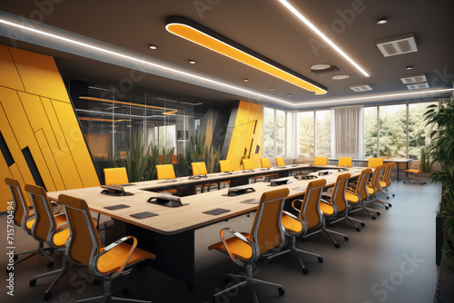 Showcasing a call center office interior designed for 20 employees, this setup includes modern ergonomic chairs, a meeting table, and a sleek executive desk.
