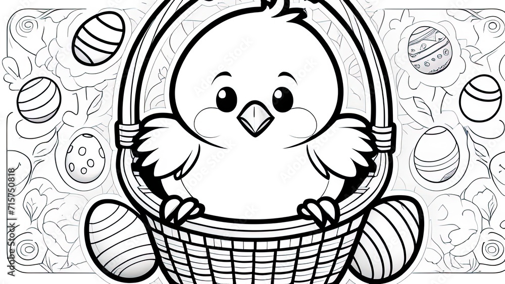 Cute little bunny and chicks with basket full of spring flowers and eggs. Happy Easter greeting black and white illustration for coloring book page. Cute little bunny and chicks with basket full of spring flowers and eggs. Happy Easter greeting black and white illustration for coloring book page.
