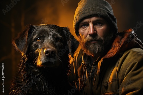 A rugged man with a bushy beard shares a loving bond with his loyal dog, a dark and regal breed, their human faces mirroring each other's unwavering devotion