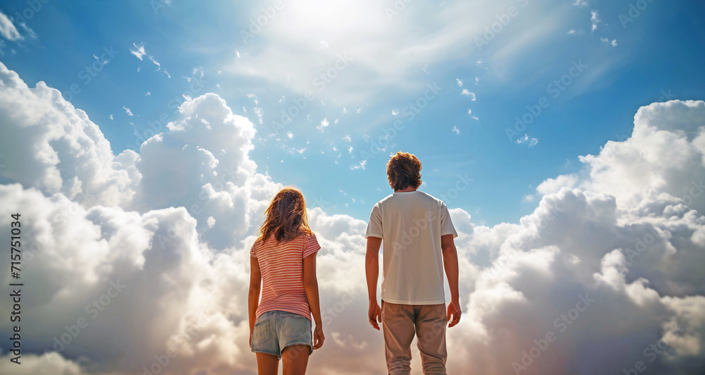 two people looking up into the sky, ai generated. - obrazy, fototapety, plakaty 
