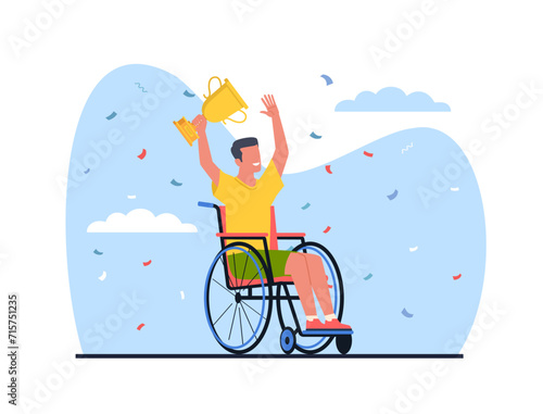 Male athlete in wheelchair holds gold winners trophy. Paralyzed man win competition. Handicapped human on award ceremony. Victory in Paralympics. Cartoon flat isolated vector concept