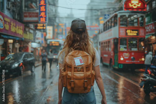 Sustainable tourism reduce global warming and save costs, Travel using buses and walking, American female tourist carrying a travel backpack, walking on the road photo