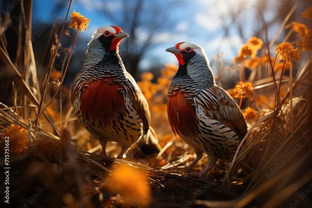 Obraz premium Two majestic phasianid birds stand tall in the lush green grass, their beaks pointed towards the vast blue sky, a stunning display of wild beauty