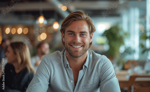 Portrait of handsome young man smiling and looking at camera in cafe