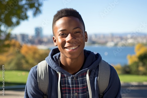 A confident, dark-skinned teen boy with bright braces on his teeth, smiling wide, as he sits in an urban park, with the city's skyline visible in the background on a sunny day photo
