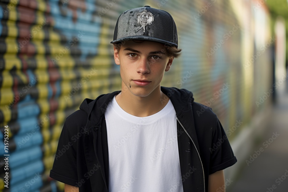 A Teen Boy with an Athletic Physique, Wearing a Baseball Cap Backwards, Standing in a Rustic Urban Park with Graffiti Covered Walls A Teen Boy with an Athletic Physique, Wearing a Baseball Cap Backwards, Standing in a Rustic Urban Park with Graffiti Covered Walls