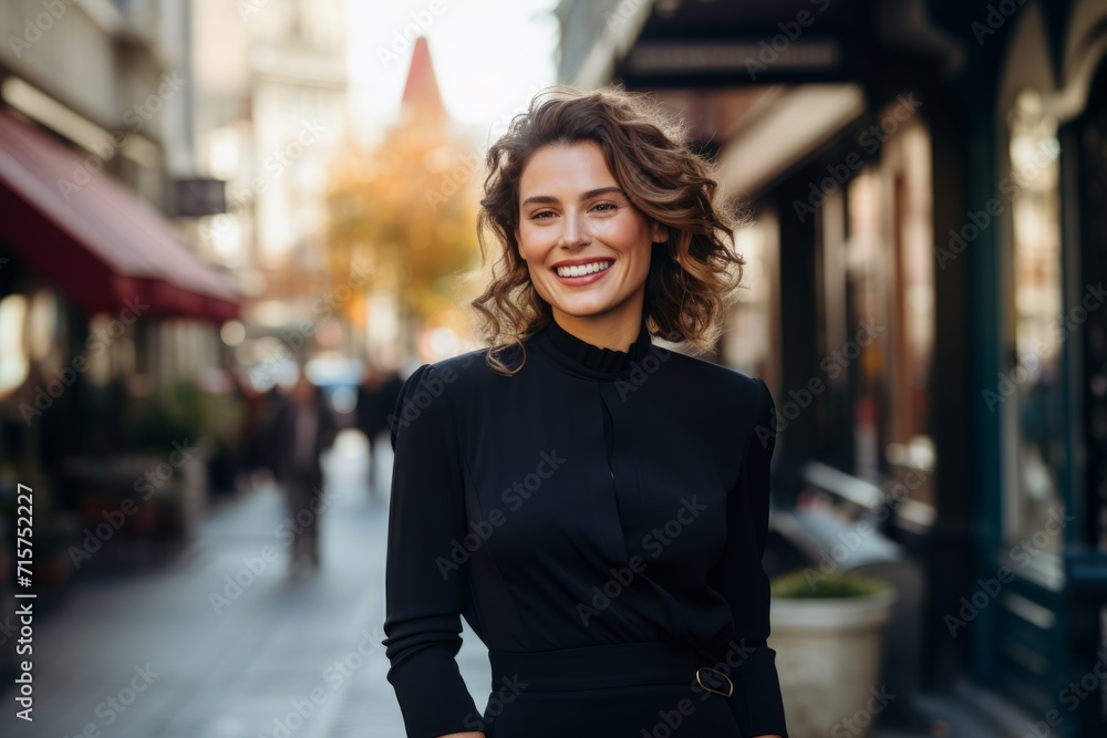 Fototapeta premium Elegant woman in a chic black jumpsuit, standing confidently in a bustling city street, her radiant smile reflecting the vibrant energy of the urban life around her