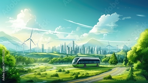 Bus on a highway landscape landscape with wind turbines and city road and valley