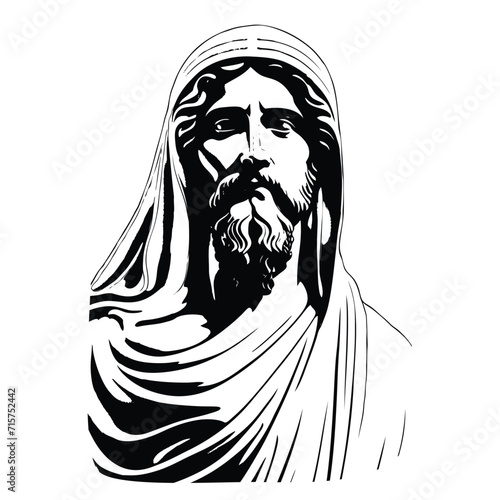 Jesus Christ portrait silhouette of black white inking drawing tattoo. Symbol of Christianity prayer and religion. Spiritual and sacred imagery. Prophet. Vector. 