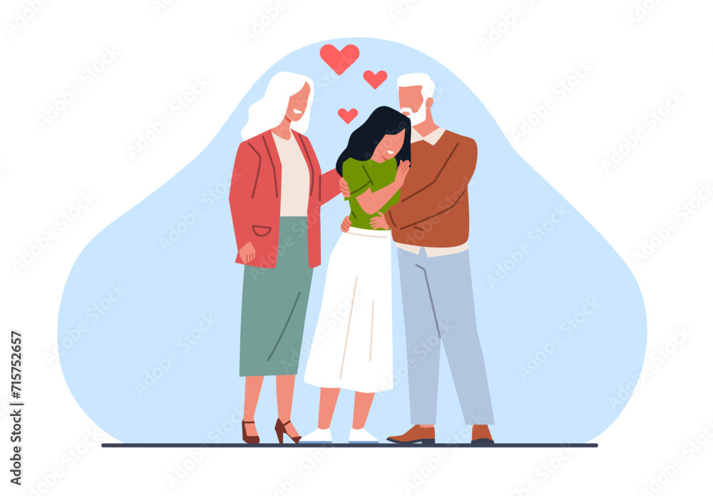 Elderly parents hug grown girl child, showing love and care. Generation happy relationships. Parenthood and childhood. Smiling people. Old couple with daughter. Cartoon flat vector concept