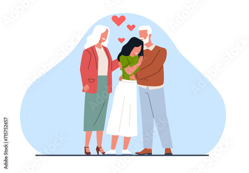 Elderly parents hug grown girl child, showing love and care. Generation happy relationships. Parenthood and childhood. Smiling people. Old couple with daughter. Cartoon flat vector concept