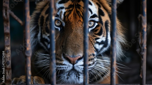 Photo Wild tiger sitting in a cage, animal cruelty