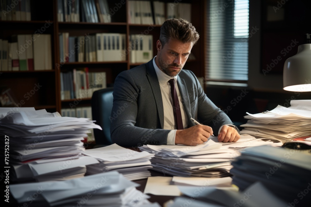 A dedicated Contract Administrator meticulously reviewing government contracts in a bustling office, surrounded by stacks of paperwork and a cup of strong coffee A dedicated Contract Administrator meticulously reviewing government contracts in a bustling office, surrounded by stacks of paperwork and a cup of strong coffee