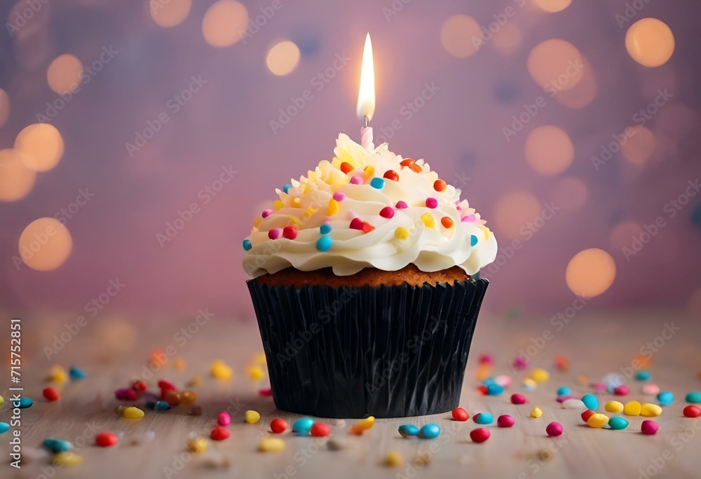a small cupcake on a wooden table next to confetti sprinkle a small cupcake on a wooden table next to confetti sprinkle