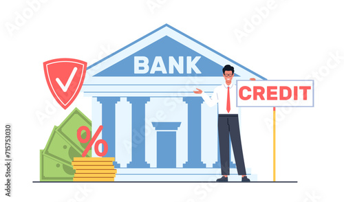 Credit manager of bank invites to bank to get loan. Building and stack of coins, cash and shield. Male financial consultant. Protect money, save wealth, cartoon isolated vector concept